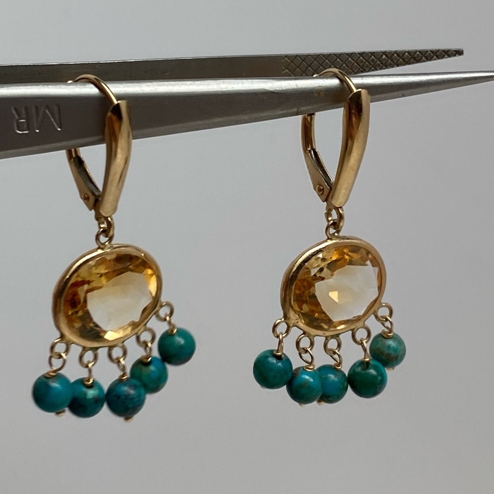 14K Yellow Gold Bezel Citrine and Turquoise Bead Dangle Leverback Earrings - Picture 11 of 15